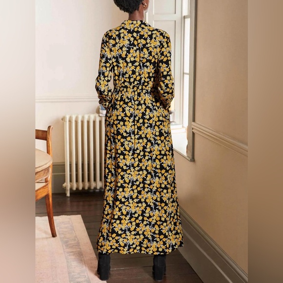 BODEN Jessie Maxi Shirt Dress Yellow Black Floral Size 10 Long Sleeve Party Work - Picture 4 of 11